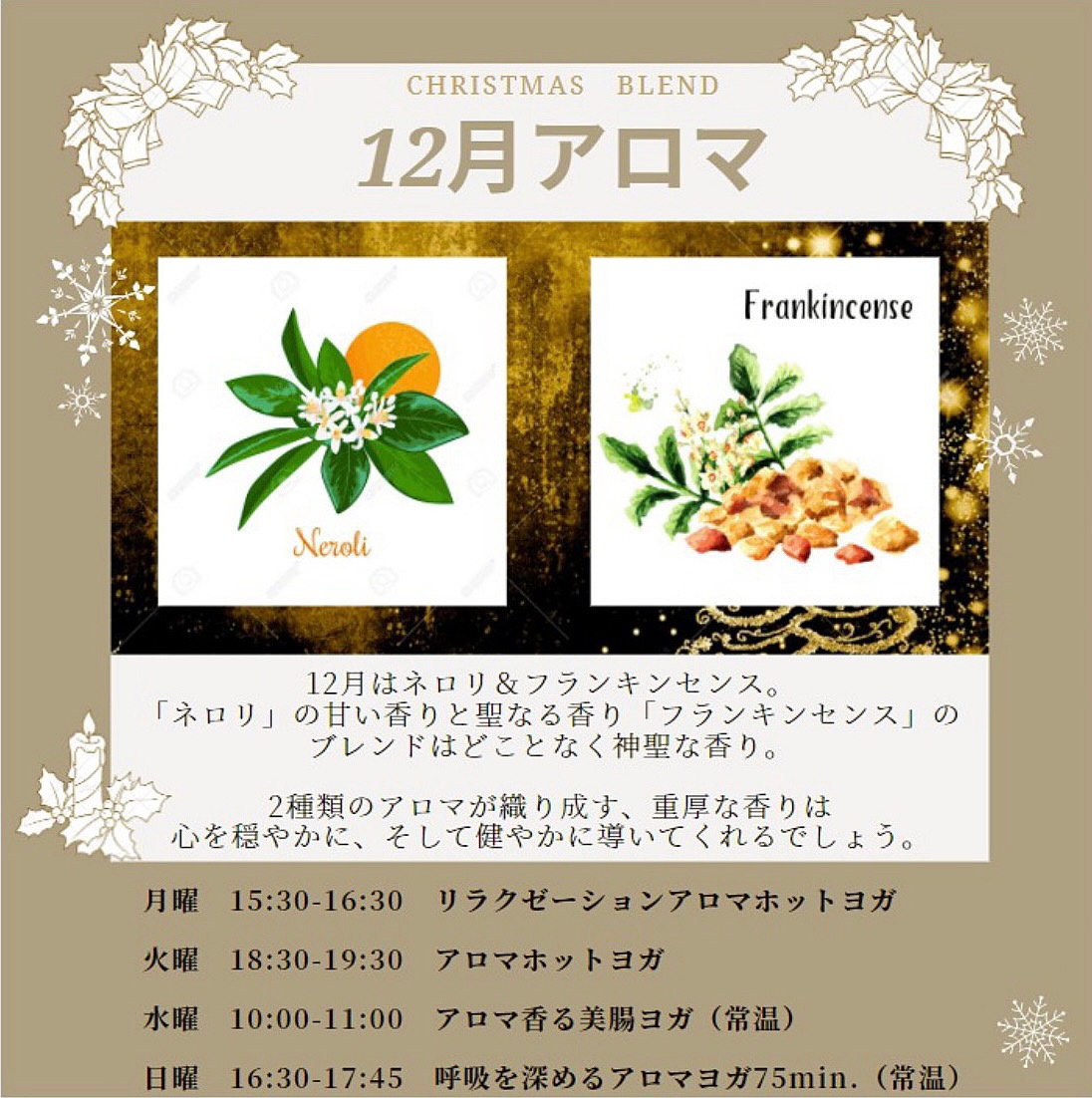 12月のアロマはクリスマスブレンドです ヨガ会員の皆さんこんばんは ワンフィットのしほりです さて 今月の月替わりアロマのご紹介です 12月は 続きを読む 12月のアロマはクリスマスブレンドです 東大阪 布施 ワンフィット24